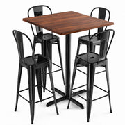 Glownary 36-Inch Square Bar Height Table Set with 4 Alloy Black Steel Barstools, Textured Walnut Finish, Indoor Outdoor Use