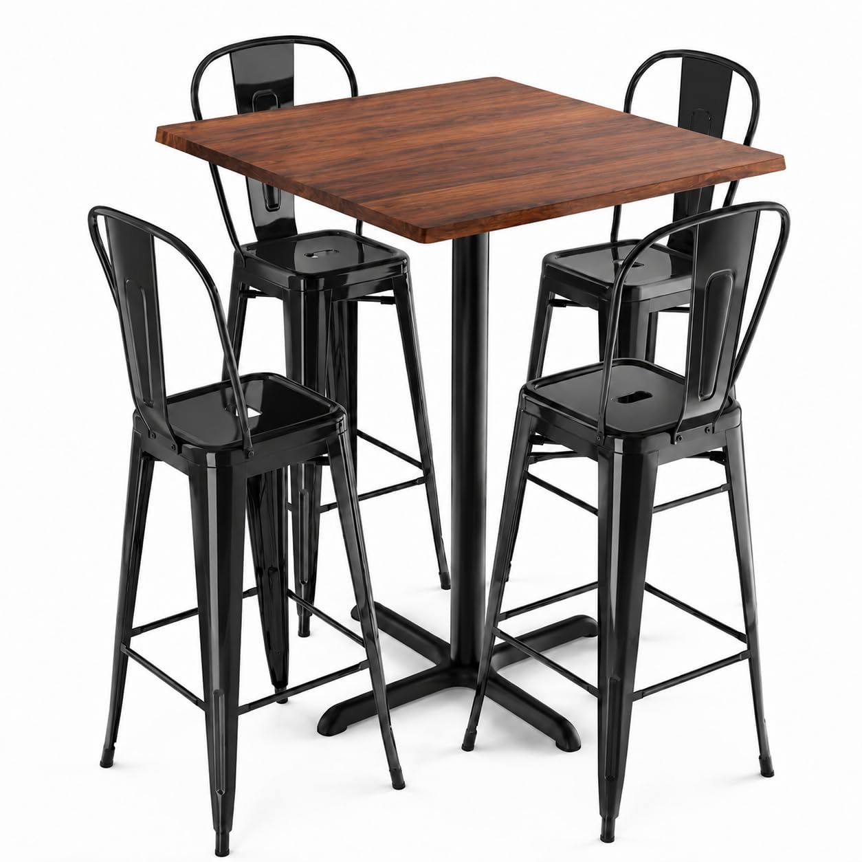 Glownary 36-Inch Square Bar Height Table Set with 4 Alloy Black Steel Barstools, Textured Walnut Finish, Indoor Outdoor Use