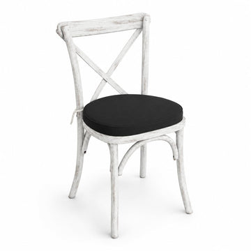 Glownary Vineyard Cross Back Dining Chair, Rustic White Ashwood, 19.5x17x34.5 Inches, with 2 Inch Black Linen Cushion, Stackable, 300 lb Capacity, Indoor Use