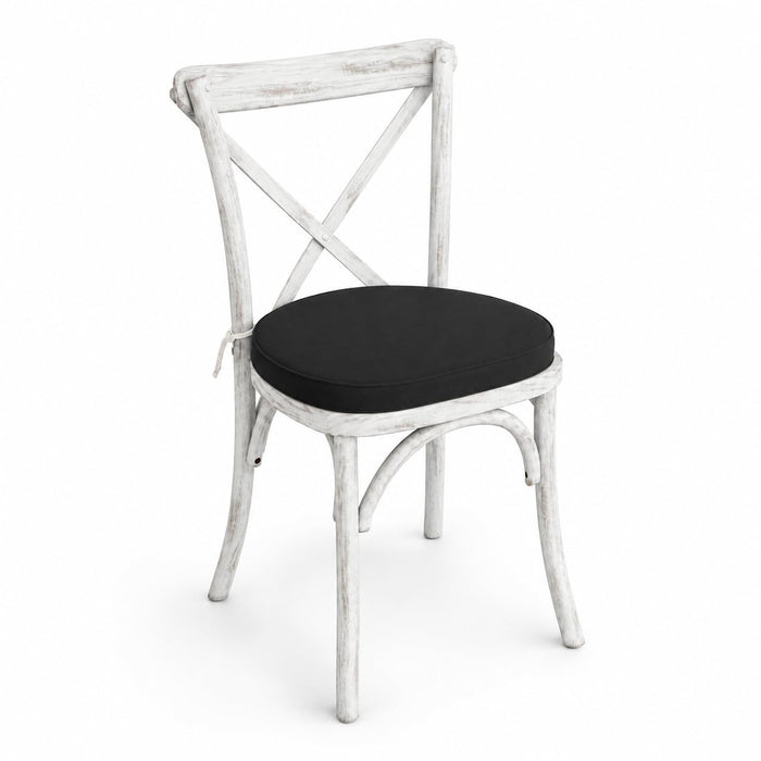 Glownary Vineyard Cross Back Dining Chair, Rustic White Ashwood, 19.5x17x34.5 Inches, with 2 Inch Black Linen Cushion, Stackable, 300 lb Capacity, Indoor Use