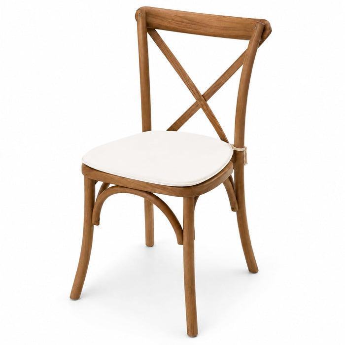 Glownary Vineyard Cross Back Chair, Barrel Brown Ashwood with Riesling White Linen Cushion, Indoor Dining Chair, Stackable, 300 lb Capacity, 34.5 x 19.5 x 17 Inches