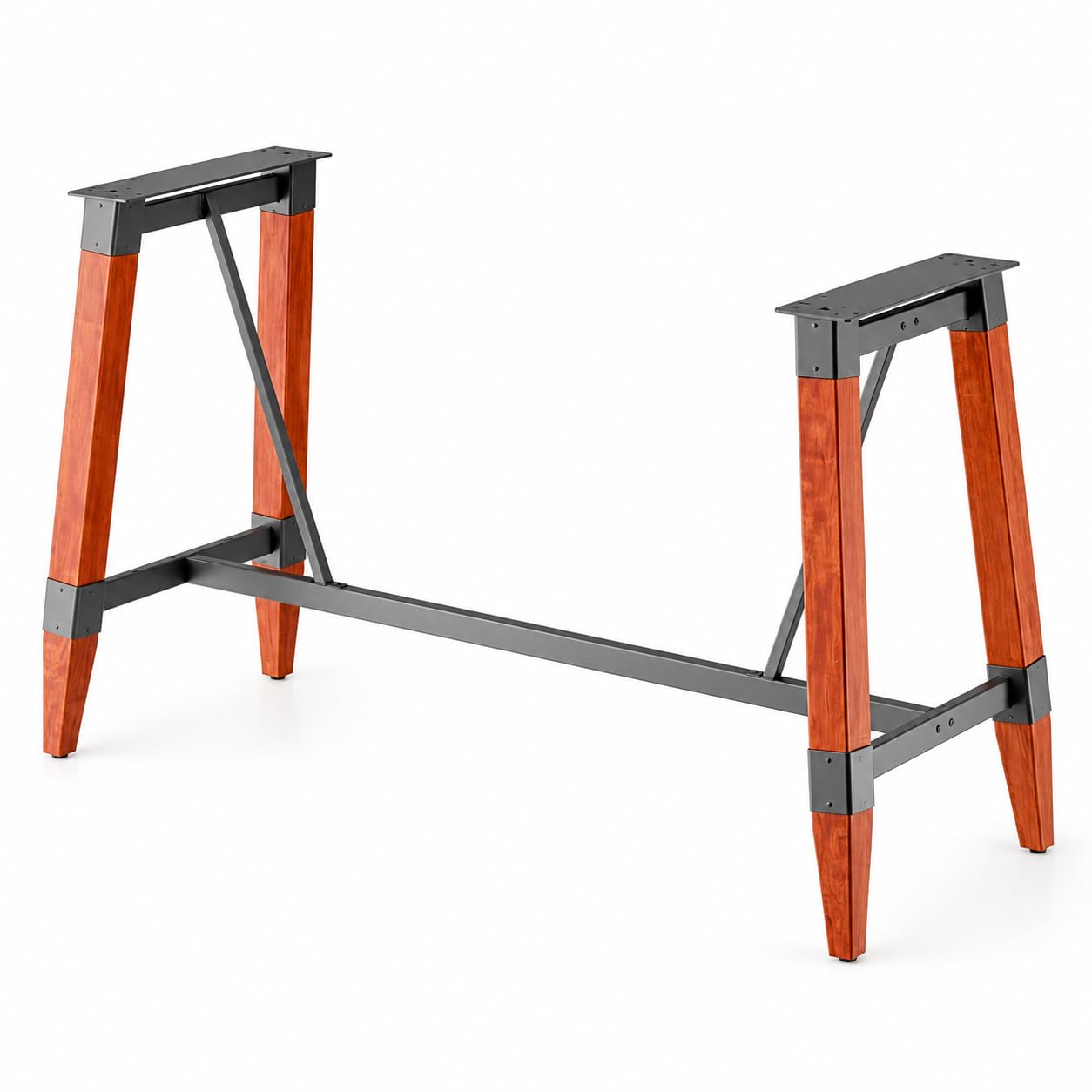 Glownary Industrial Bar Height Table Base, Rustic Mahogany Wood and Steel Trestle Design, 56.75x28.25x40.75 Inches, 300 lb Capacity, Brown with Adjustable Feet