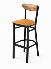Glownary Boomerang Bar Stool, Black Steel Frame, Light Brown Vinyl Seat, Driftwood Back, 43.38 Inches Height, Mid-Century Design, 330 lb Capacity, Indoor Use