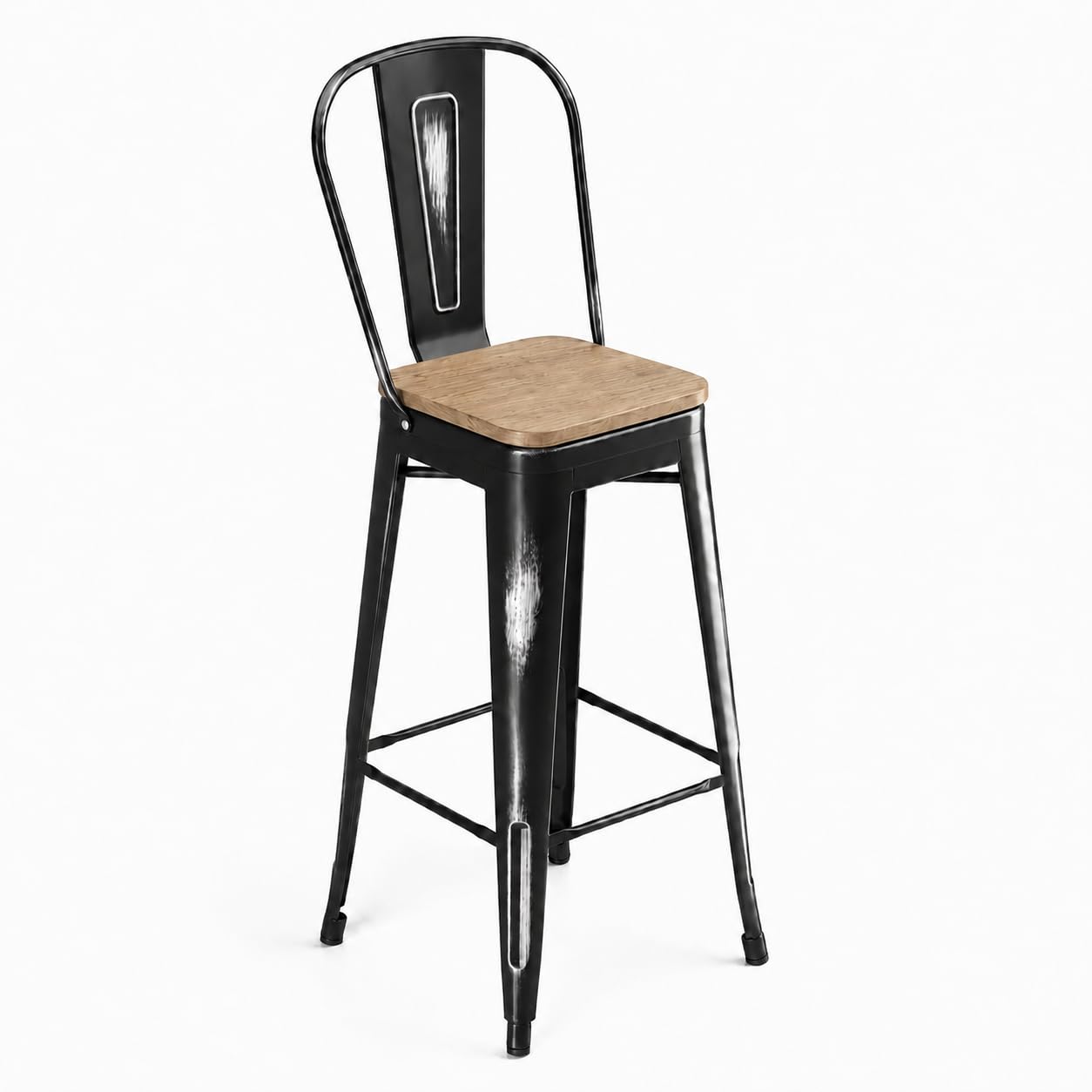 Glownary Industrial Bar Stool with Back, Distressed Onyx Black Steel Frame, Gray Wood Seat, 400 lb Capacity, Indoor Cafe Barstool, 46.5 Inch Height