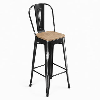 Glownary Industrial Bar Stool with Back, Distressed Onyx Black Steel Frame, Gray Wood Seat, 400 lb Capacity, Indoor Cafe Barstool, 46.5 Inch Height