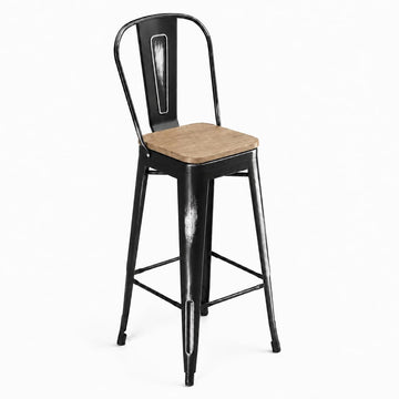 Glownary Industrial Bar Stool with Back, Distressed Onyx Black Steel Frame, Gray Wood Seat, 400 lb Capacity, Indoor Cafe Barstool, 46.5 Inch Height