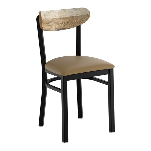 Glownary Boomerang Mid-Century Dining Chair, Black Metal Frame with Driftwood Back, Taupe Vinyl Padded Seat, 32 Inch Height, Indoor Commercial Use