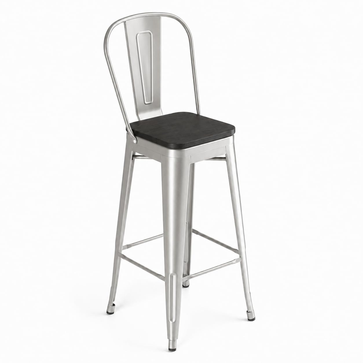 Glownary Indoor Cafe Barstool, Silver Steel Frame with Black Wood Seat, 46.5 Inch Bar Height, 400 lb Capacity, Industrial Modern Style