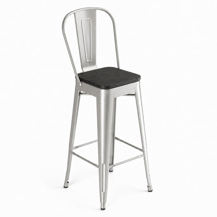 Glownary Indoor Cafe Barstool, Silver Steel Frame with Black Wood Seat, 46.5 Inch Bar Height, 400 lb Capacity, Industrial Modern Style