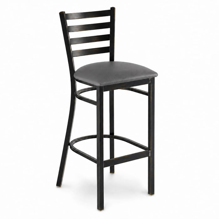 Glownary Ladder Back Bar Stool, Distressed Copper Finish, Dark Gray Vinyl Padded Seat, Steel Frame, 42.5 Inch Height, 330 lb Capacity, Indoor Use