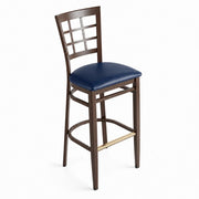 Glownary Spartan Metal Window Back Bar Stool, Dark Walnut Wood Grain Finish, Navy Vinyl Seat, 43.5-Inch Height, 500 lb Capacity, Fully Assembled