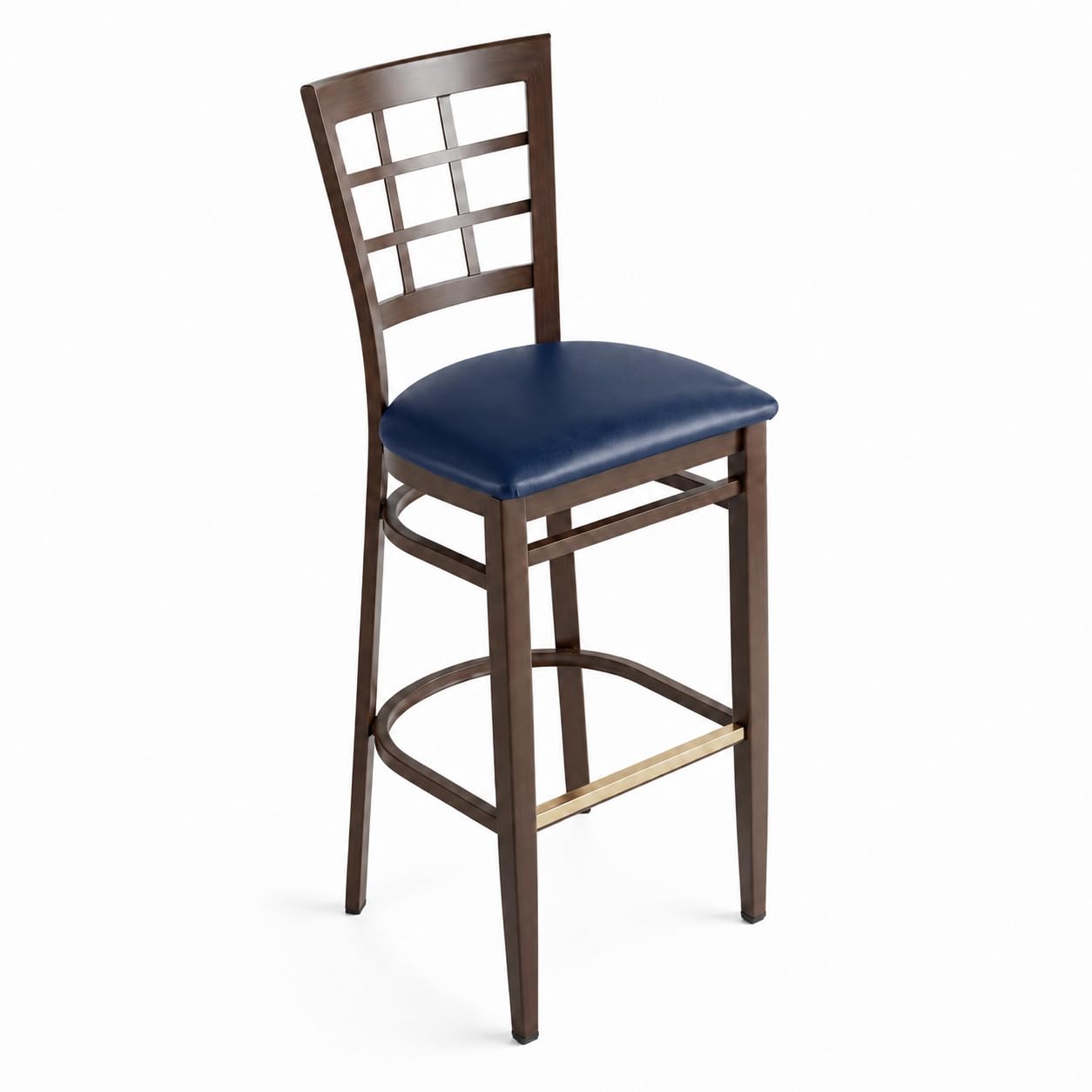 Glownary Spartan Metal Window Back Bar Stool, Dark Walnut Wood Grain Finish, Navy Vinyl Seat, 43.5-Inch Height, 500 lb Capacity, Fully Assembled