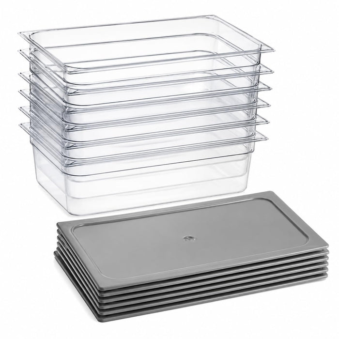 Glownary Full Size Food Pan Set with Sealing Covers, 6-Pack, Clear Polycarbonate, 20.75x12.75x6 Inches, Stackable, NSF Listed, for Commercial Kitchen Storage