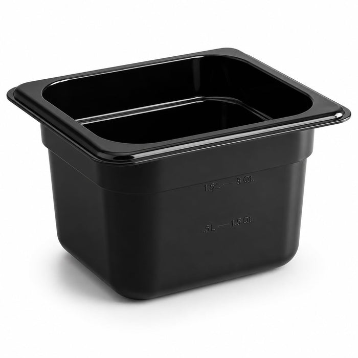 Glownary 1/6 Size Black Polycarbonate Food Pan, 4 Inch Deep, Rectangle Shape, NSF Listed, Stackable, Dishwasher Safe, 6.75x6.25 Inches, 1.62 Qt Capacity