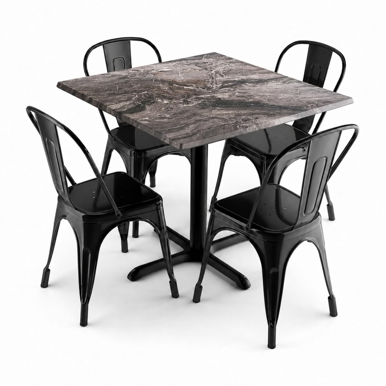 Glownary 36-Inch Square Outdoor Dining Set with Paladina Table, 4 Black Alloy Cafe Chairs, Weather-Resistant, Standard Height
