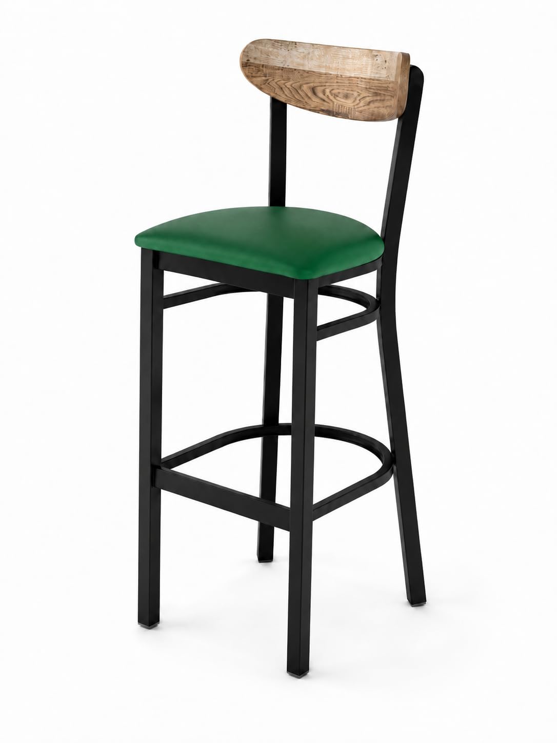 Glownary Boomerang Bar Stool, Black Metal Frame with Green Vinyl Seat, Driftwood Back, 43.38 Inches Height, Mid-Century Style, Indoor Commercial Use