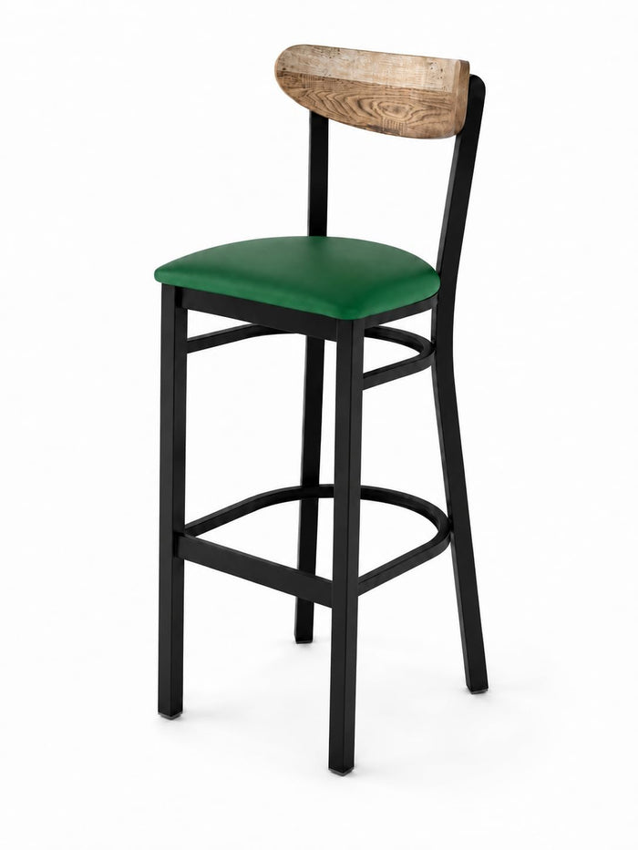 Glownary Boomerang Bar Stool, Black Metal Frame with Green Vinyl Seat, Driftwood Back, 43.38 Inches Height, Mid-Century Style, Indoor Commercial Use