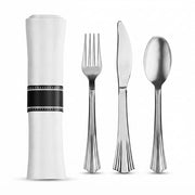 Glownary Pre-Rolled Linen-Feel Napkin and Silver Plastic Cutlery Set, 17 x 17 Inch White Napkins, Heavy Weight Flatware, 100 Count