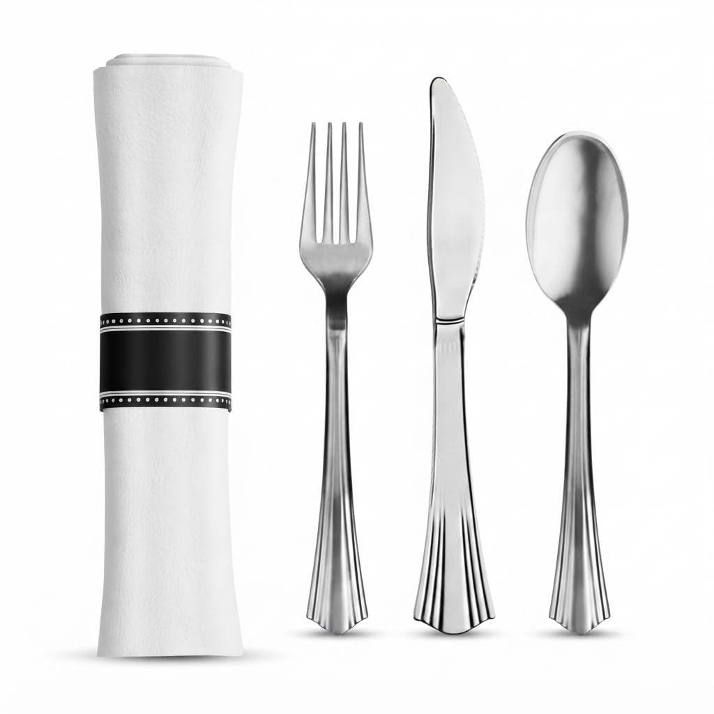 Glownary Pre-Rolled Linen-Feel Napkin and Silver Plastic Cutlery Set, 17 x 17 Inch White Napkins, Heavy Weight Flatware, 100 Count