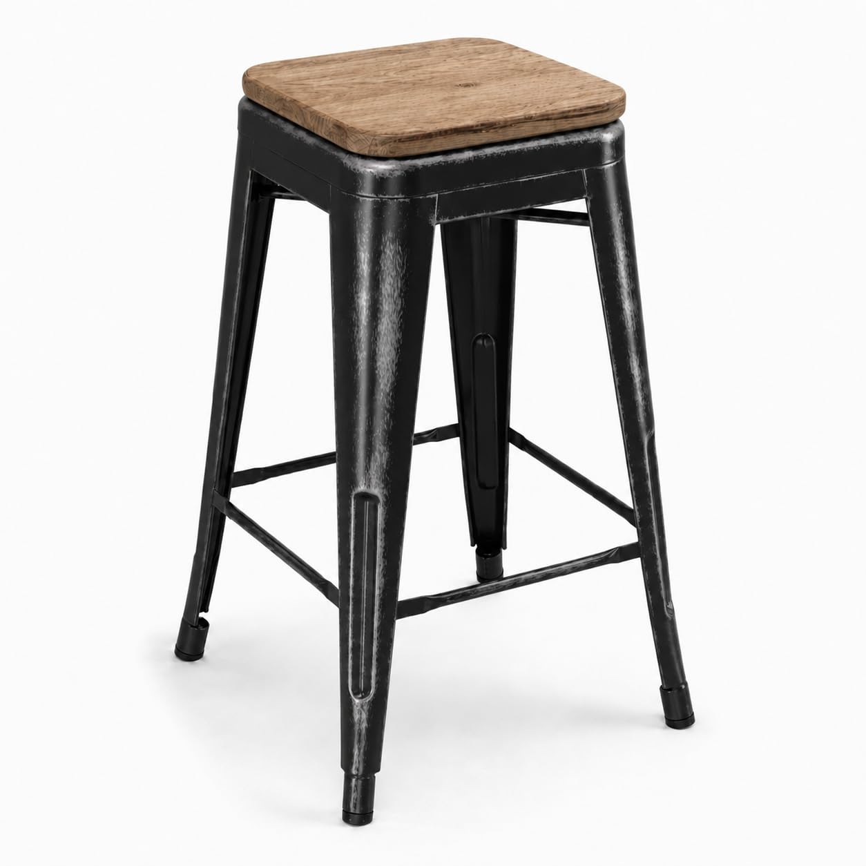 Glownary Alloy Counter Height Stool, Distressed Onyx Black Steel Frame with Gray Wood Seat, Stackable Indoor Backless Design, 16.1 x 16.1 x 24.75 Inches, 400 lb Capacity