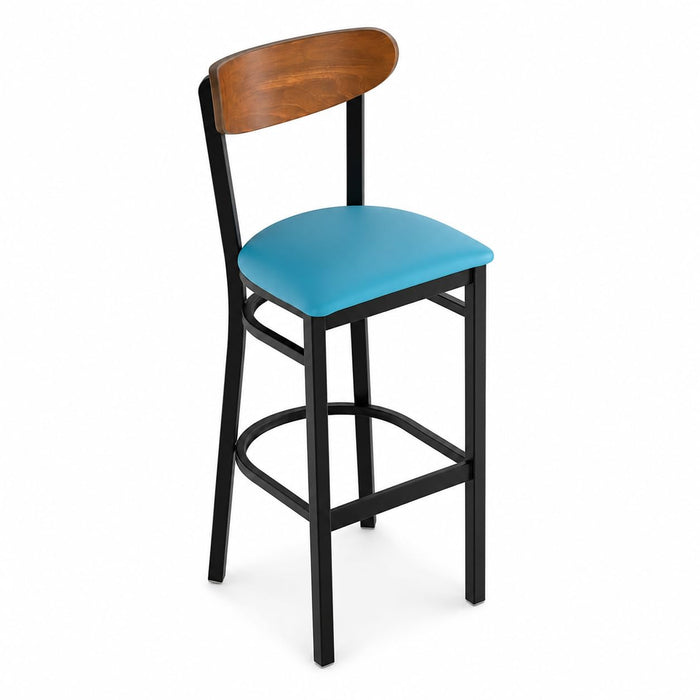 Glownary Boomerang Bar Stool, Black Metal Frame with Blue Vinyl Seat, Mid-Century Style, 43.38 Inches Tall, 330 lb Capacity, Indoor Use