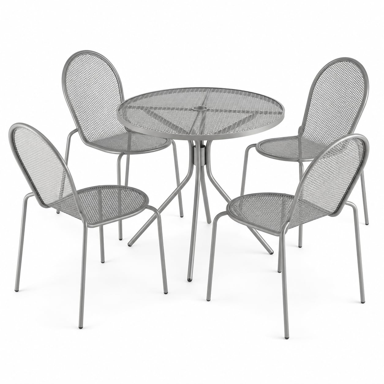 Glownary Harbor Gray Round Outdoor Dining Set, 36 Inch Table with 4 Side Chairs, Steel Mesh, Powder-Coated, Stackable, Standard Height, Weather Resistant