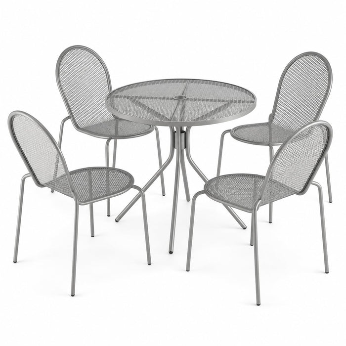 Glownary Harbor Gray Round Outdoor Dining Set, 36 Inch Table with 4 Side Chairs, Steel Mesh, Powder-Coated, Stackable, Standard Height, Weather Resistant