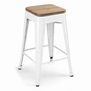 Glownary Alloy Counter Height Stool, Pearl White Metal Frame with Gray Wood Seat, Backless, Stackable, 24.75 Inch, 400 lb Capacity, Indoor Use