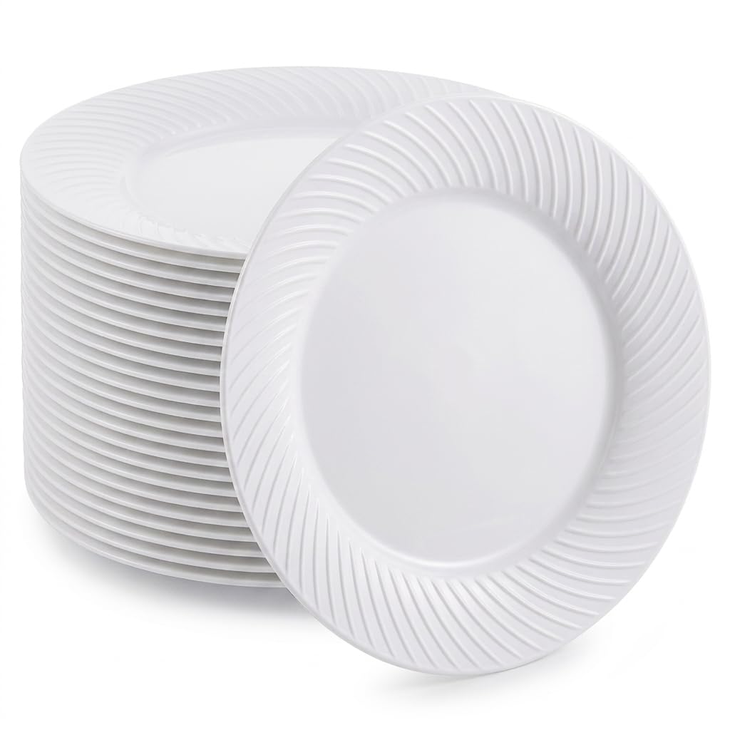 Glownary Wave Plastic Dinner Plates, White, 10 Inch Round, Polystyrene, BPA Free, Scalloped Edge, for Events and Weddings, 144 Count