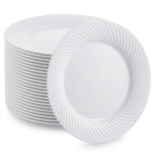 Glownary Wave Plastic Dinner Plates, White, 10 Inch Round, Polystyrene, BPA Free, Scalloped Edge, for Events and Weddings, 144 Count
