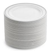 Glownary Halo White Plastic Dinner Plates with Silver Bands, 10 Inch, BPA Free, 120 Count, for Wedding and Events
