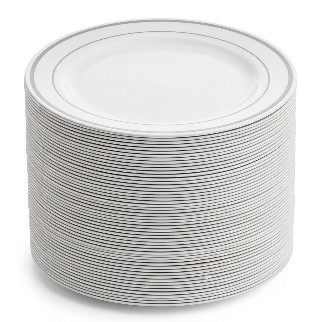 Glownary Halo White Plastic Dinner Plates with Silver Bands, 10 Inch, BPA Free, 120 Count, for Wedding and Events