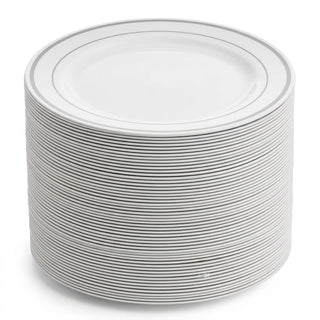 Glownary Halo White Plastic Dinner Plates with Silver Bands, 10 Inch, BPA Free, 120 Count, for Wedding and Events