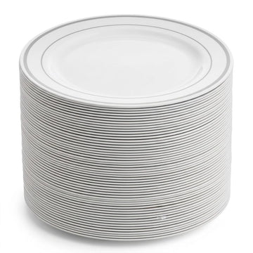 Glownary Halo White Plastic Dinner Plates with Silver Bands, 10 Inch, BPA Free, 120 Count, for Wedding and Events