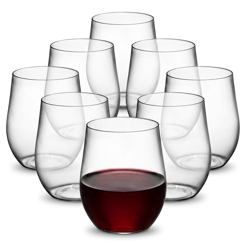 Glownary Stemless Wine Glass, Clear PET Plastic, 8 oz, BPA Free, Hand Wash Only, 64 Count, Round, 3.25 Inch Height