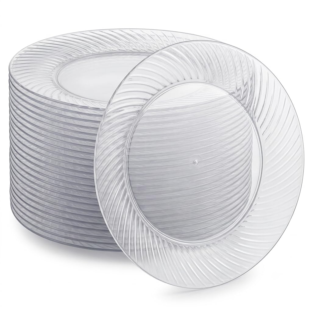Glownary Wave Clear Plastic Plates, 10 Inch Round, BPA Free, Disposable, Heavy Duty for Wedding and Banquet, 144 Count