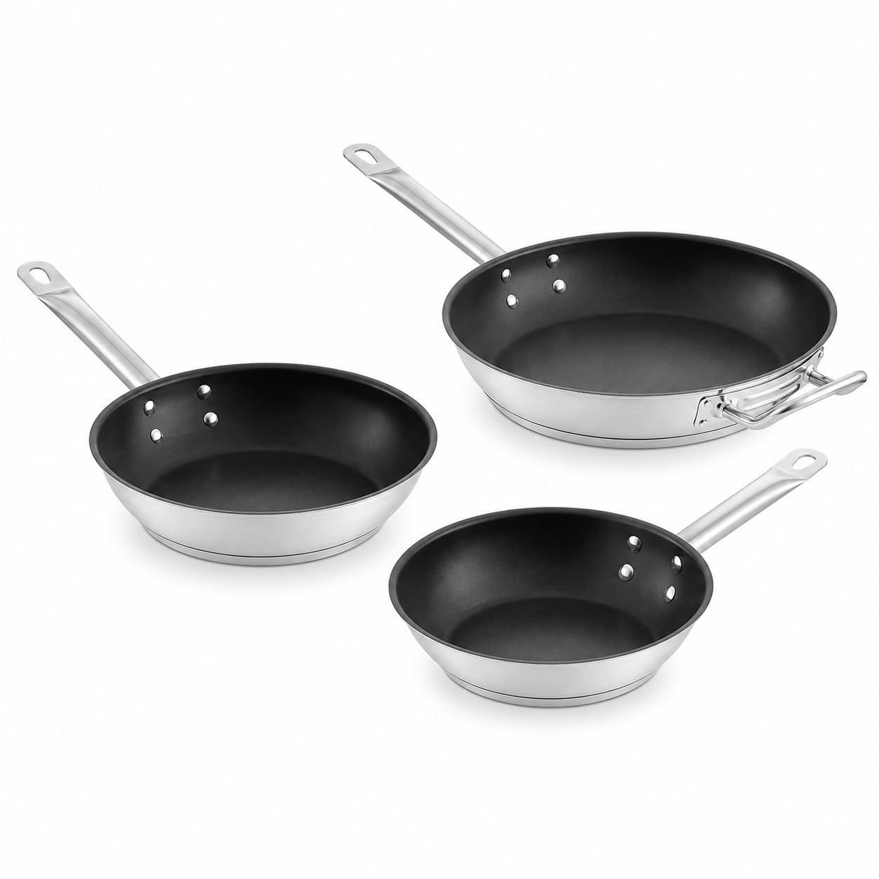 SS1 Series 3-Piece Induction Ready Stainless Steel Non-Stick Fry Pan Set, 8, 9.5, 12 Inch, Silver, Excalibur Coating, Aluminum Core, 450°F Max Temperature