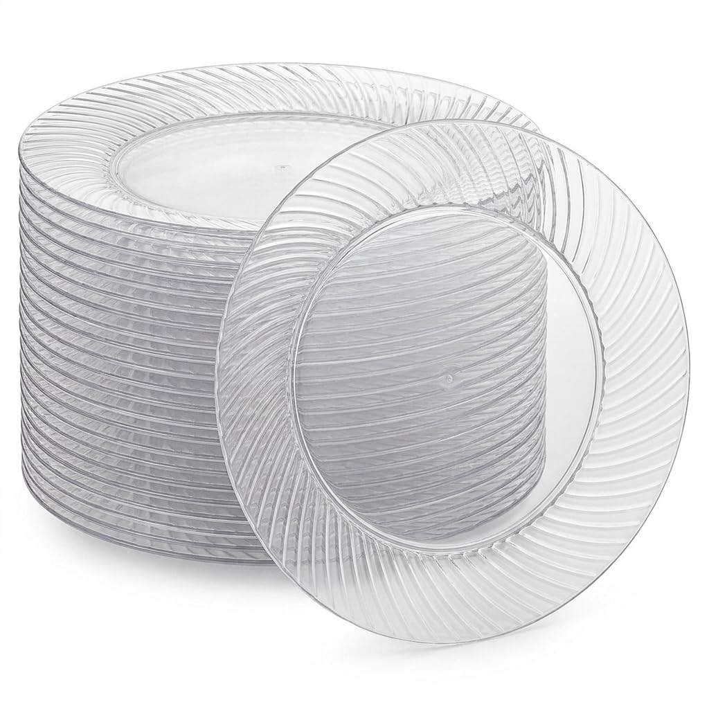 Glownary Wave Clear Plastic Plates, 9 Inch, Polystyrene, Round, Scalloped Edge, BPA Free, for Events and Weddings, 180 Count