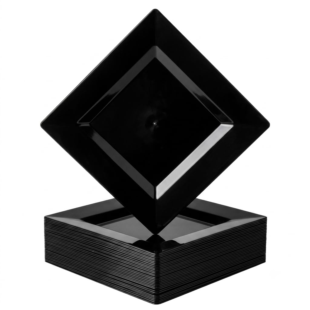 Glownary Square Black Plastic Dinner Plates, 10 Inch, Wide Rim, BPA Free, Recyclable, 120 Count, for Events and Weddings