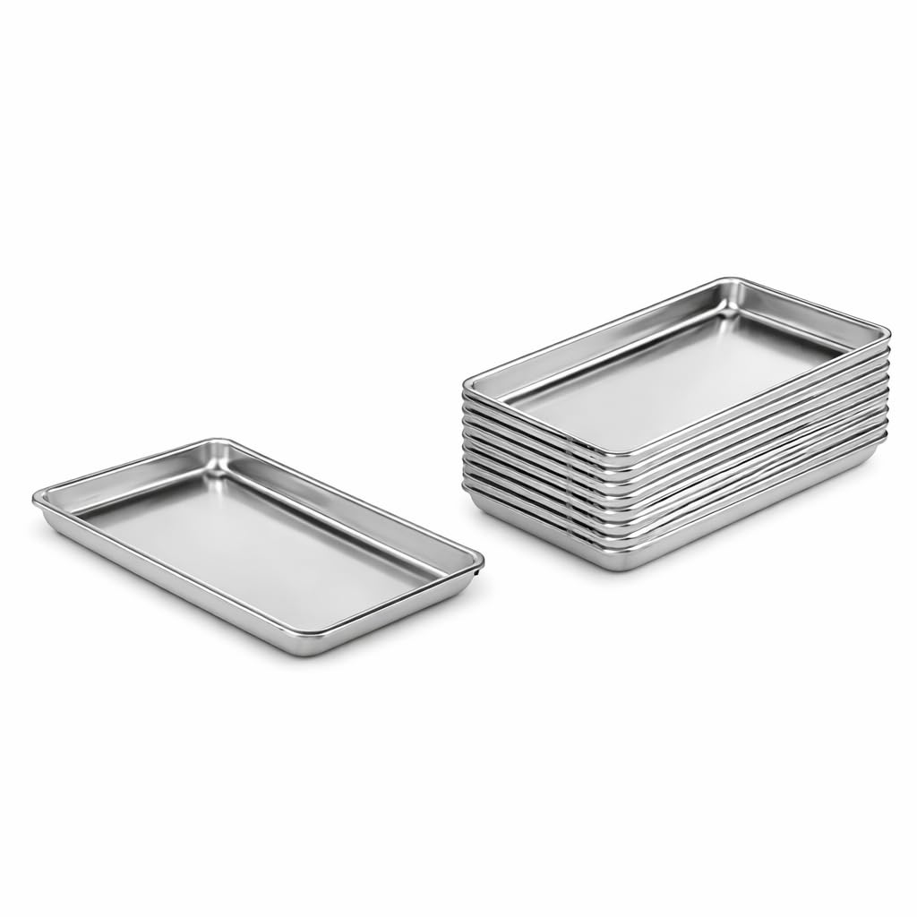 Glownary 1/8 Size Aluminum Sheet Pan, 19 Gauge Wire Rim, Silver, 6.5 x 9.5 x 1 Inch, Freezer and Oven Safe, Stackable, 12 Case