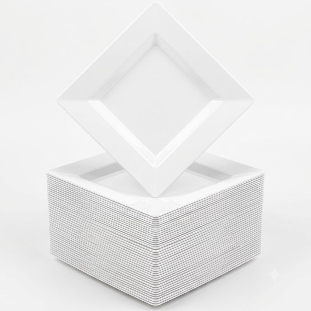 Glownary Florence Square Plastic Plates, 6 Inch, White, Wide Rim, BPA Free, 120 Count, for Events and Weddings
