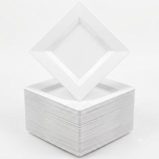 Glownary Florence Square Plastic Plates, 6 Inch, White, Wide Rim, BPA Free, 120 Count, for Events and Weddings