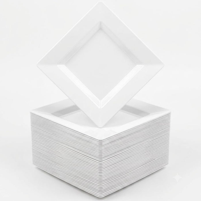 Glownary Florence Square Plastic Plates, 6 Inch, White, Wide Rim, BPA Free, 120 Count, for Events and Weddings