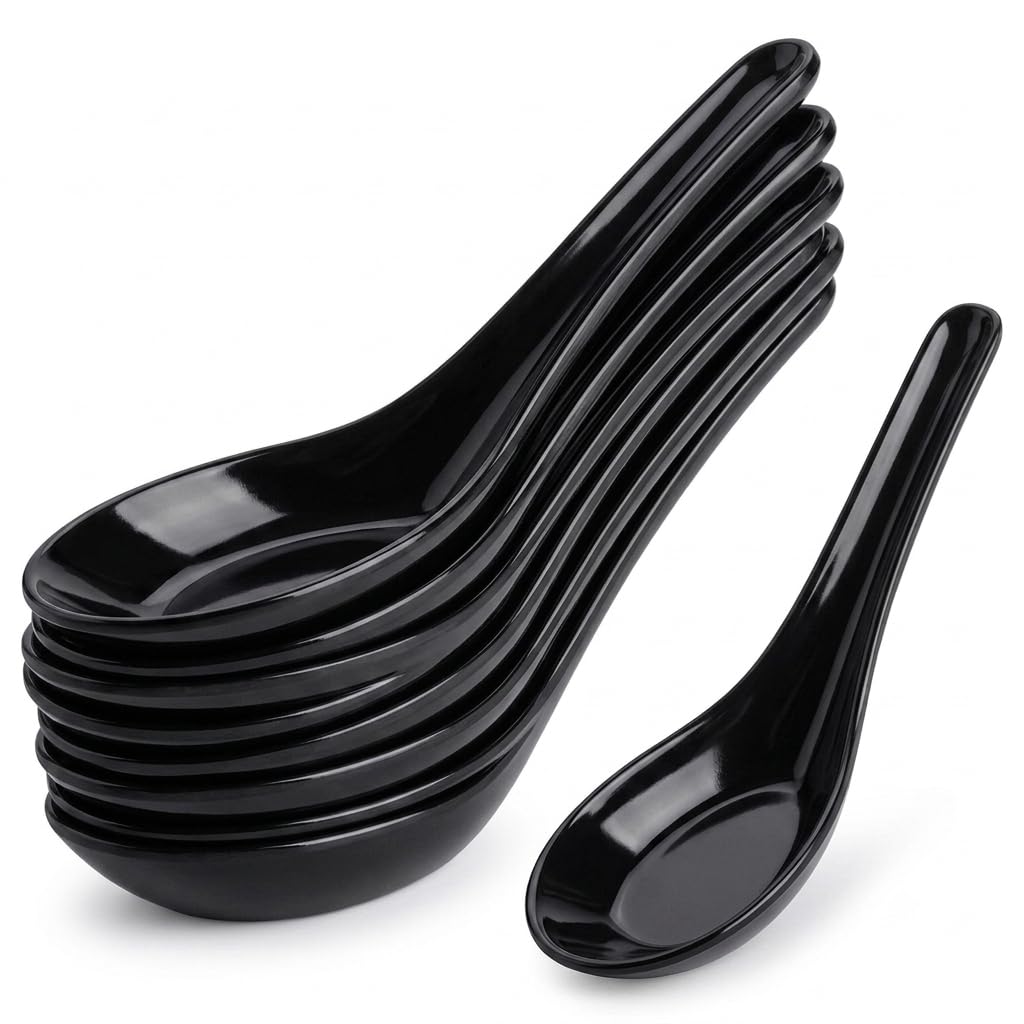 Glownary Black Plastic Asian Soup Spoons, 5.5 Inch, Mini Style, BPA Free, Disposable, 200 Count per Case
