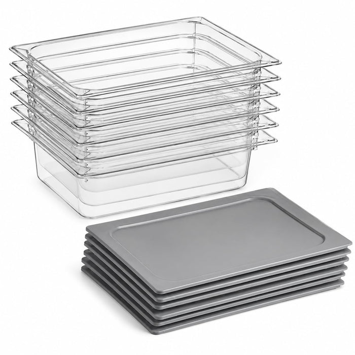 Glownary 1/2 Size Food Pan Set with Sealing Covers, 4 Inch Deep, Clear Polycarbonate, 12.75x10.38 Inch, 6-Pack with Lids, NSF Listed, Stackable, for Commercial Kitchen
