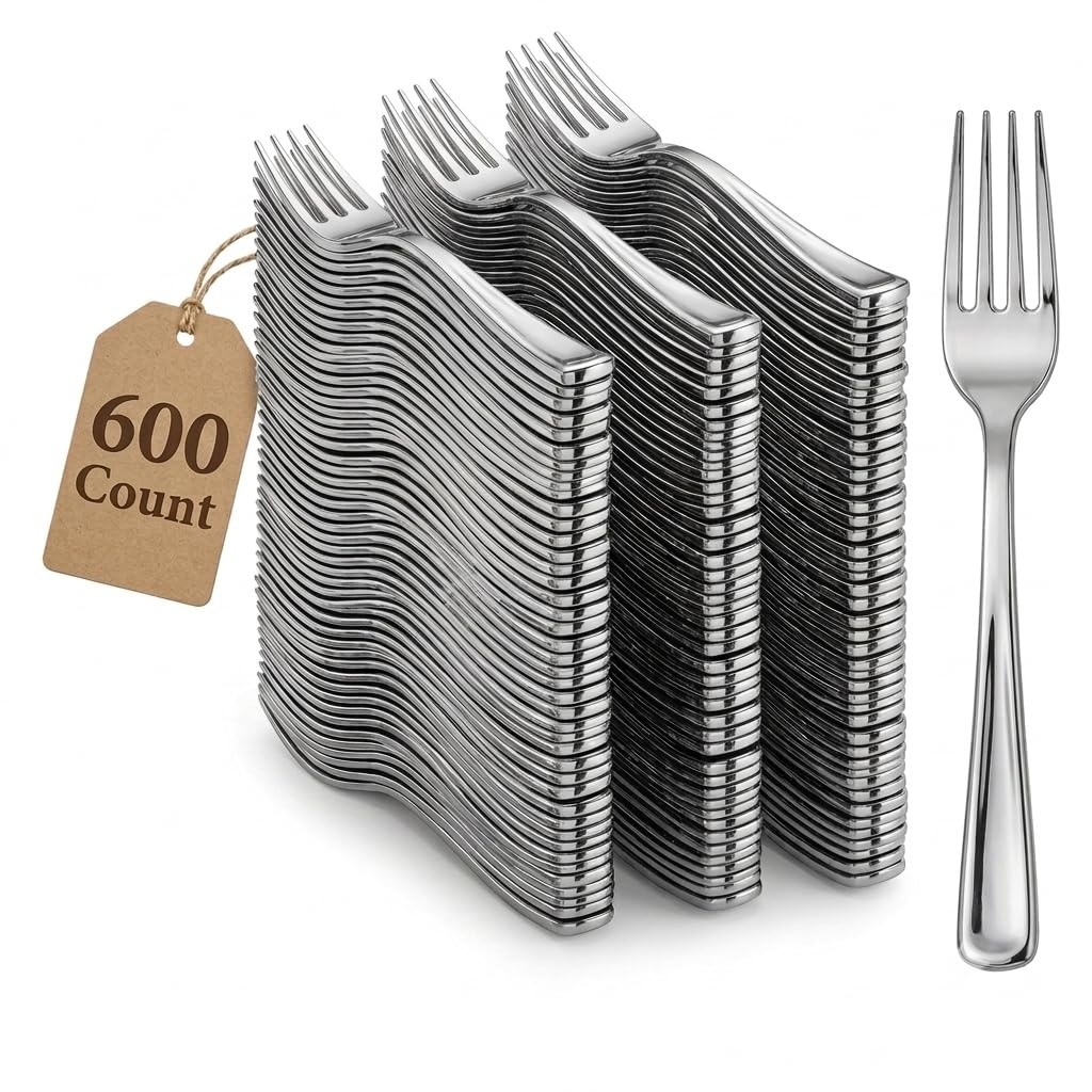 Glownary Classic Silver Heavy Weight Plastic Fork, 7 1/4 Inch, 600 per Case, Disposable Flatware for Weddings and Catered Events