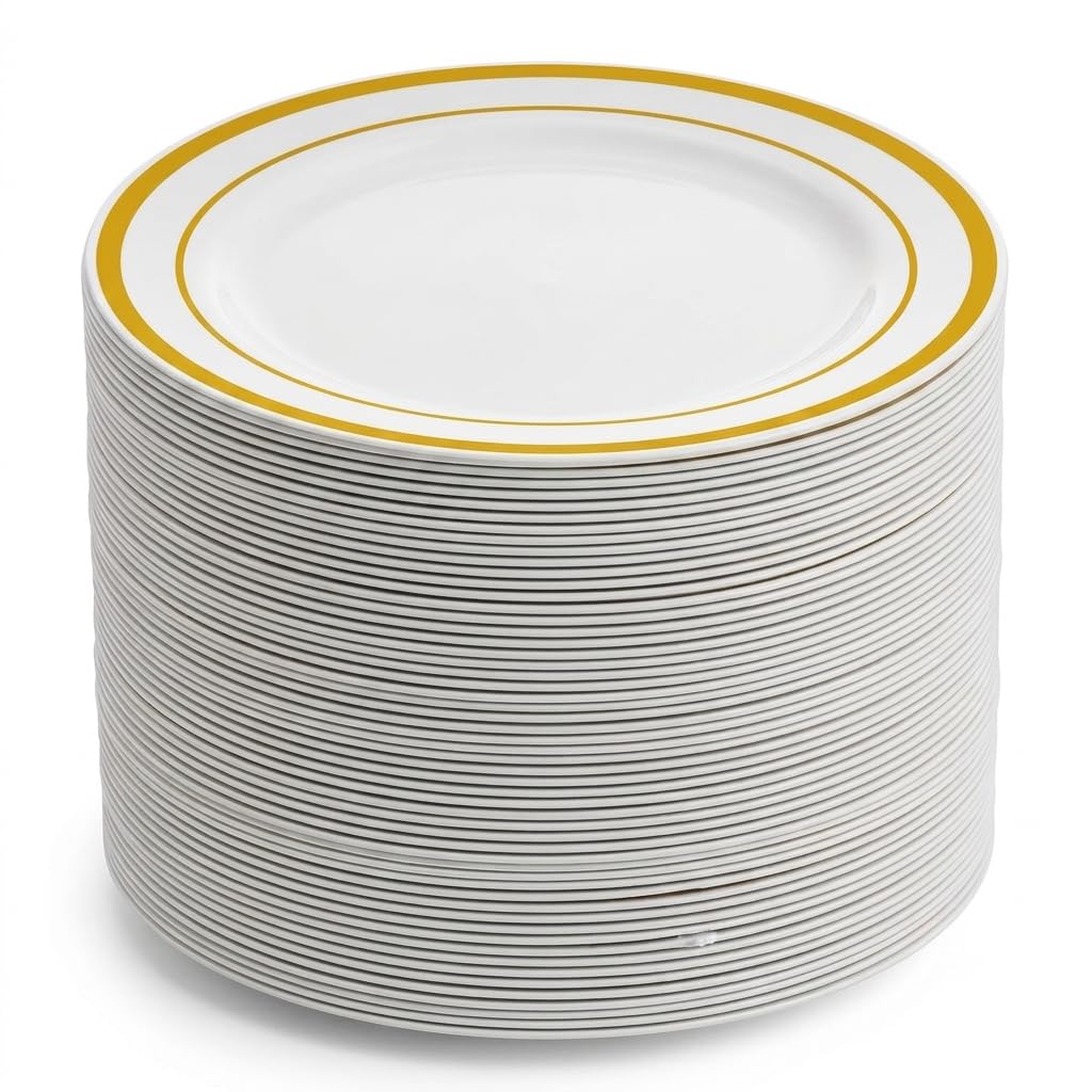 Glownary Halo White Plastic Plates with Gold Bands, 6 Inch, 150 Count, BPA Free, Disposable, for Weddings and Events