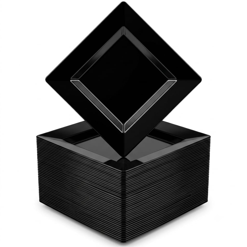 Glownary Square Plastic Plates, 6 Inch, Black, Wide Rim, BPA Free, Recyclable, 120 Count, for Events and Weddings