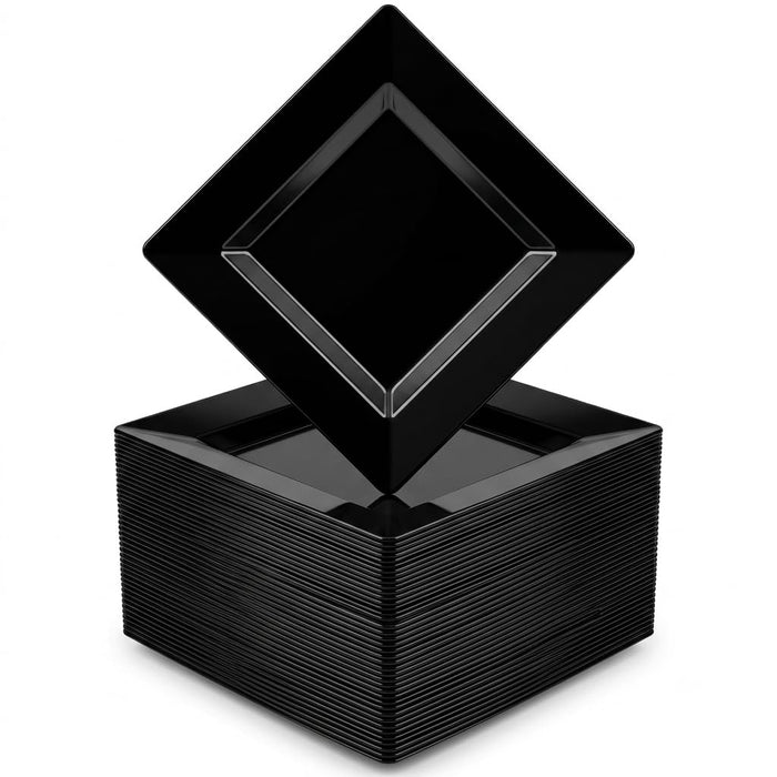 Glownary Square Plastic Plates, 6 Inch, Black, Wide Rim, BPA Free, Recyclable, 120 Count, for Events and Weddings