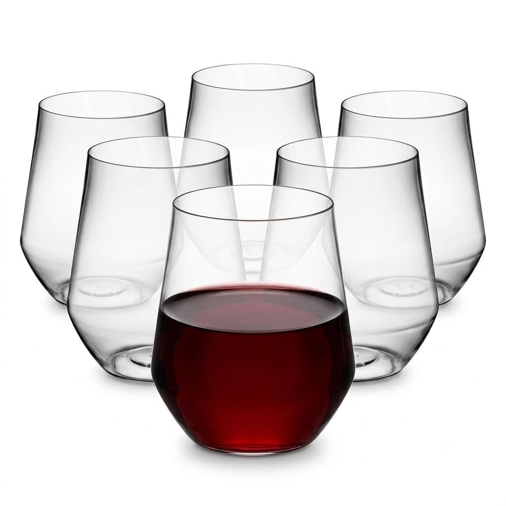 Glownary Stemless Wine Glass, Clear PET Plastic, 12 oz, Round Shape, BPA Free, Hand Wash Only, 64 per Case